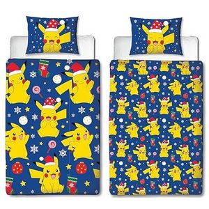 Character World Pokemon officiële eenpersoons dekbedovertrekset, Xmas Fun Pikachu Design | Omkeerbaar 2-zijdig beddengoed hoes officiële koopwaar inclusief bijpassende kussensloop | Kerst