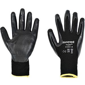 Honeywell 2232231-09 Polytril zwarte handschoenen voor algemeen gebruik, waterdichte nitrilcoating voor vette behandeling, EN 388 4121 - maat 9 (verpakking van 10 paar)
