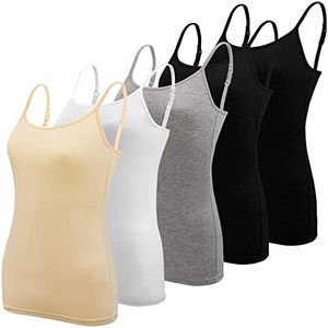 BQTQ Spaghetti-top voor dames, set van 5 stuks, spaghettibandjes, tanktop met verstelbare bandjes, basic cami, tanktop, voor dames en meisjes, Zwart, Wit, Grijs, Beige, M