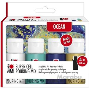 Marabu Super Cell Ocean 1210000000301, 4 x 60 ml verf, gebruiksklare acrylmix voor giettechniek, waterbestendig, lichtbestendig, droogt zijdemat op, 1210000000301, meerkleurig