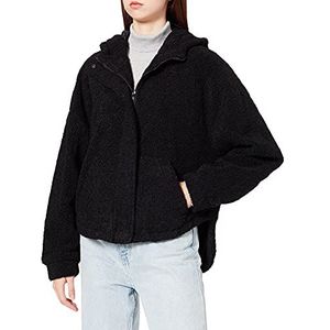 Urban Classics Winterjas voor dames, kort, oversized, sherpa jas met langere rug, afgeronde zoom en capuchon, maat XS tot 5XL, zwart, 4XL