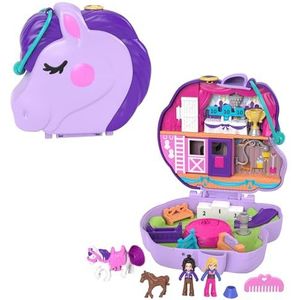 Polly Pocket Springende Pony Compacte Speelkoffer met paardenshow als thema, micropoppen Polly en vriendinnetje, 2 paardenfiguurtjes (1 met zadel en echte staart), voor kinderen vanaf 4 jaar, GTN14