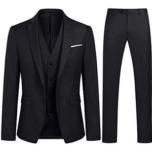 YOUTHUP Mens Slim Fit 3-delig pak klassieke zakelijke bruiloft pakken smoking blazer vest broek, Zwart, XXL