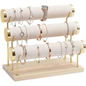 ProCase - Armbandhouder - Beige - Fluwelen Wrap - Houten Sokkel