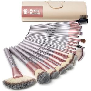 PORTENTUM Kabuki 18-delige make-upkwastenset met reisetui, professioneel houten handvat, hoogwaardige kunstvezel voor foundation