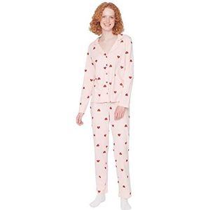 Trendyol Dames hart midden gebreide overhemd-broek pyjama set, roze, M