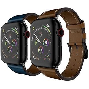Angeston Horlogebandje compatibel met Apple Watch-armband, 45 mm, 44 mm, 42 mm, leren reservearmband voor iWatch serie 7/6/SE/5/4/3/2/1, leren armband, echt leer, zwarte gesp, band (blauw en bruin)