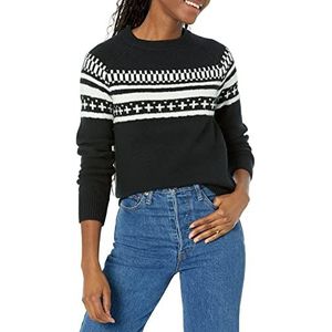 Amazon Essentials Dames Soft-Touch Crewneck Novelty Trui, Black Fair Isle, Large