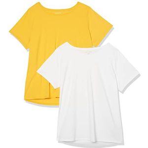 Amazon Essentials Women's Klassiek T-shirt van 100% katoen met korte mouwen en ronde hals (verkrijgbaar in grote maten), Pack of 2, Wit/Goudgeel, XL