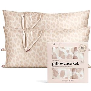 Kitsch 100% satijnen kussensloop met rits, zachter dan zijden kussensloop voor haar en huid, verkoelende kussensloop, satijnen kussensloop (King (2 stuks), luipaard)