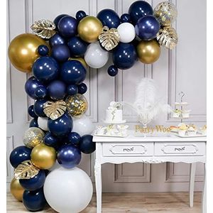 PartyWoo 740385210839_SML Ballonnen in blauw, goud, 67 stuks gouden bladeren, marineblauwe ballonnen, witte ballonnen, gouden ballonnen, gouden ballonnen voor feestdecoratie, goudkleurig,12 inch,Mat Navy, Matt Wij, Goud,
