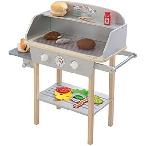 Roba BBQ grill van hout, met 14-delige stoffen accessoires, speelgoedbarbecue voor kinderen, rollenspeelgoed voor jongens en meisjes vanaf 3 jaar