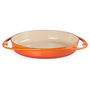 Le Creuset geëmailleerde gietijzeren braadpan in ronde tatinvorm, 28 cm, 2,6 liter, oranjerood