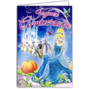Disney prinsessen kaart Happy Birthday jurk met pailletten envelop roze assepoester soulier koets paarden pompoen kasteel middernacht vogel illustratie meisje kindersprookje 130940