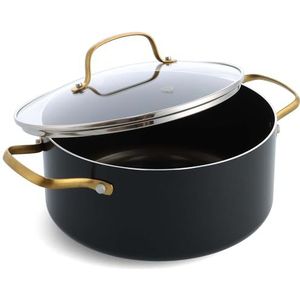 Blue Diamond Gold Keramische Kookpan met Diamantinjectie 24 cm/ 4.9 liter met Glazen Deksel, PFAS-vrij, Geschikt voor Inductie, Vaatwasmachinebestendig, Ovenbestendig, Gouden Handgreep, Zwart