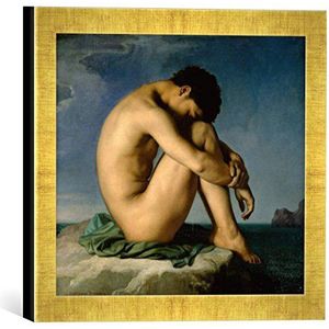 Ingelijste afbeelding van Hippolyte Flandrin Jeune Homme nu Assis sur un Rocher. Figure d'etude, kunstdruk in hoge kwaliteit handgemaakte fotolijsten, 30x30 cm, Gold Raya