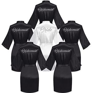 6 stuks bruids douche badjas voor bruid en bruidsmeisje gewaad met strass klaar kimono jurk, zwarte bruids set, one size, Zwarte Bruids Set, one size