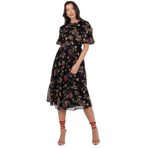 Lovedrobe Midi-jurk voor dames, ronde hals, korte pofmouwen, ruches, ruches, detail, strikrug, bedrukt A-lijn, smart casual, Bloemenprint, 40