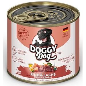 DOGGY Dog Paté Rundvlees en zalm, 6 x 200 g, nat voer voor honden, graanvrij hondenvoer met zalmolie en groenlipmossel, compleet voer met wortelen en broccoli, Made in Germany