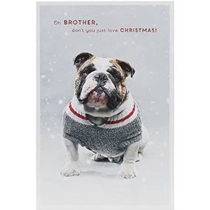 Brother Kerstkaart met Envelop - Schattig, Grappig, Ontwerp met Bulldog Dragen Jumper en Sneeuw Achtergrond