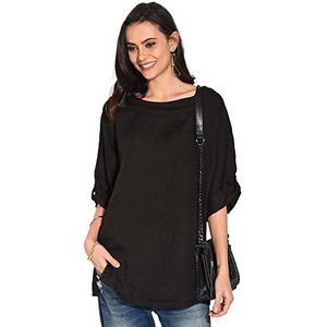 Tuniek top voor dames, 100% linnen, gemaakt in Italië, tuniek met lange mouwen, ronde hals, licht, opening aan de zijkant, zwart, maat: M, Zwart, M