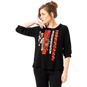 Mamatayoe Oleo - Dames T-shirt met driekwart mouwen in zwart met borduurwerk voor herfst en winter. Rome gebreide top met omgeslagen kraag, origineel en elegant., Zwart, XL