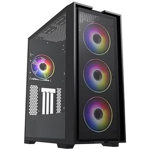 E-ATX-behuizing met geoptimaliseerde ventilatie, ARGB-verlichtingssysteem en zwarte structuur, ideaal voor pc-montage en esthetische aanpassing.