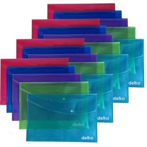 delka A4+ Popper Wallet Foolscap, diverse transparante kleuren, duurzame documentenmappen, veilige kliksluiting, scheurbestendig, ideaal voor school, kantoor of thuisgebruik (Pack van 20)