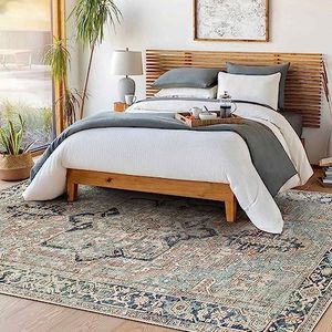 Surya Luxor Wasbaar tapijt - vintage lopertapijten voor woonkamer, keuken, slaapkamer, eetkamer, buiten, traditionele oosterse boho-tapijtstijl, groot tapijt 200 x 275 cm, bruin, lichtblauw en