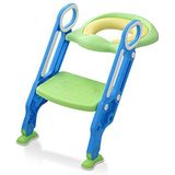 HENGMEI HM-VC-HAG1243BG Toiletbril voor kinderen, toilettrainer met trap, inklapbare pottrainer, toilettrainingsstoel, in hoogte verstelbaar, 38-42 cm, voor kinderen van 1-7 jaar, blauw en groen