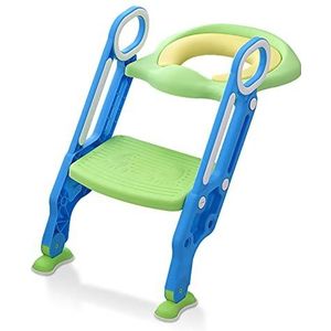 HENGMEI HM-VC-HAG1243BG Toiletbril voor kinderen, toilettrainer met trap, inklapbare pottrainer, toilettrainingsstoel, in hoogte verstelbaar, 38-42 cm, voor kinderen van 1-7 jaar, blauw en groen