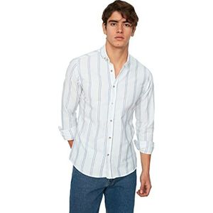 Trendyol Heren White Slim Fit Button Collar Thin Striped New Shirt, XS