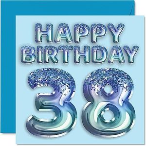 38e verjaardagskaart voor mannen - blauwe glitter feestballon - gelukkige verjaardagskaarten voor 38-jarige man broer vriend oom vader, 145 mm x 145 mm achtendertigste verjaardag wenskaarten cadeau