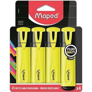 Maped - Fluo'Peps Classic Markeerstiften, duurzame markeerstiften voor school en professioneel gebruik, verpakking met 4 markeerstiften, neongeel
