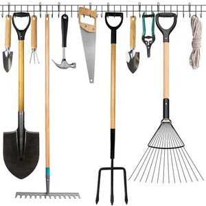 Coselena Opbergrek voor tuingereedschap 160 cm - wandgemonteerde metalen gereedschapsorganizer voor schuur - zwaar belastbaar rek voor tuingereedschap, schoppen en harken - ideale schuurorganizer voor