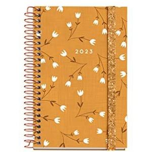 Miquelrius - Jaarplanner 2023 - dagpagina - grootte Caddy 80 x 120 mm - harde schaal - spiraalbinding - Catalaans - punten, mosterd, MR39122