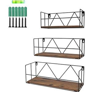 EYMPEU Wandrek, 3-delige set, zwevende planken, moderne wandplank, wandgemonteerde planken, rustieke opbergplanken met metalen draad, display, woondecoratie voor badkamer