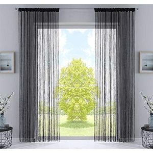 Set van 2 draadgordijnen, H x B 250 x 140 cm, zwart met trekkoord en ingenaaide plooiband, geschikt voor gordijnroedes en gordijnrails, draadgordijnen, ruimteverdeler, 20303CN2