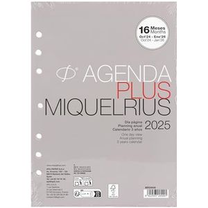 Miquelrius Vervangende agendavulling voor 2025, 16 maanden, dagoverzicht, ringen, reservekalender, A5, komt overeen met 155 x 213 mm, kalendervulling, 6 ringen, Spaans, Portugees en Engels