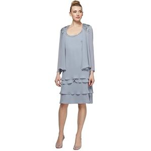 S.L. Fashions Dames Versierd Tiered Jacket Dress (Petite and Regular) jurk voor speciale gelegenheden, beton, 38 Petite