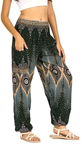 LOFBAZ Harembroek voor Vrouwen Yoga Boho Hippie Kleding Dames Palazzo Bohemien Pyjama Strand Indiase Zigeuner Genie Kleding Floral Donkergroen M