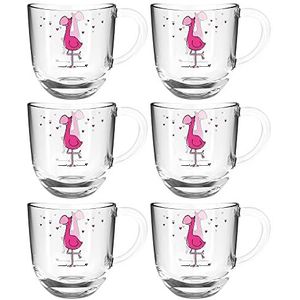 Leonardo Bambini 022903 Glazen mokken, 6-delige set, kinderbekers van glas met diermotief, vaatwasmachinebestendige theekopjes, flamingo, roze, 6 stuks, 280 ml