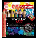 Kleurpotlood, aquarelpotlood en waskrijt in één- STABILO woody 3 in 1 - ARTY - 6 stuks - met 6 verschillende kleuren en puntenslijper