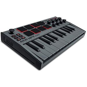 AKAI Professional MPK Mini MKIII | 25-toetsen USB MIDI Keyboard Controller met 8 lichtgevende drumpads, 8 draaiknoppen en inclusief muziekproductie software (Grijs)