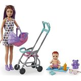 Barbie Skipper Babysitters Inc. Speelset met Skipper babysitterpop (Brunette), buggy, babypop en 5 accessoires, speelgoed voor kinderen van 3 jaar en ouder, GXT34