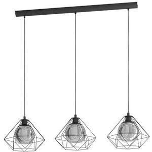 EGLO Vernham Hanglamp met 3 lichtpunten, vintage, industrieel en retro, van staal en gestoomd glas, zwart, zwart-transparant, eettafellamp, hangend me