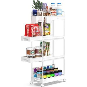 SPACEKEEPER Opbergtrolley 4-laags rollende utility cart opbergplank op wielen multifunctionele uitschuifbare rekken organizer voor kantoor, keuken, badkamer, wasruimte, wit