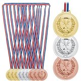 Relaxdays medailles voor kinderen, set van 12, Ø 6 cm, plastic, met lint, kindermedaille, sportdag, goud, zilver, brons
