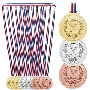 Relaxdays medailles voor kinderen, set van 12, Ø 6 cm, plastic, met lint, kindermedaille, sportdag, goud, zilver, brons