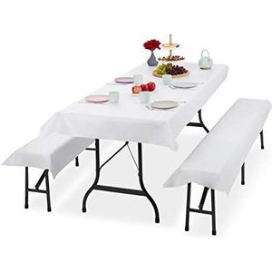 Relaxdays tafelkleed biertafel en banken - hoezen set biertent - 250 x 100 cm - tafellaken - wit